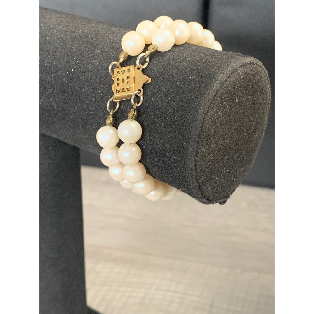 Vintage Double Strand Faux Pearl Bracelet Gold Tone Filigree Clasp 6 Inch